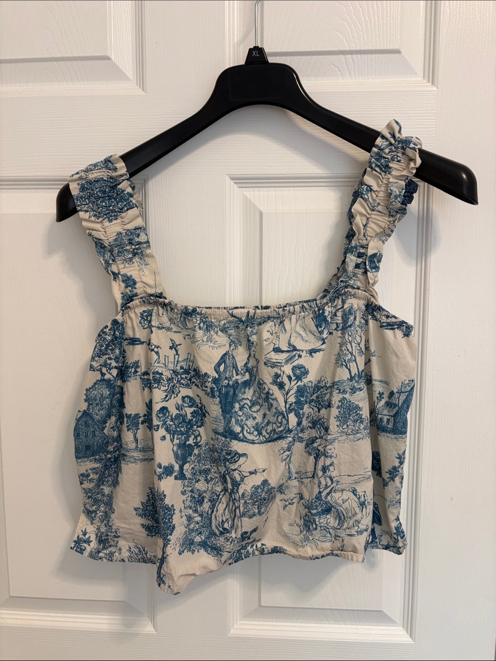 Toile Print Ruffle Strap Crop Tank in Cream and Blue w103